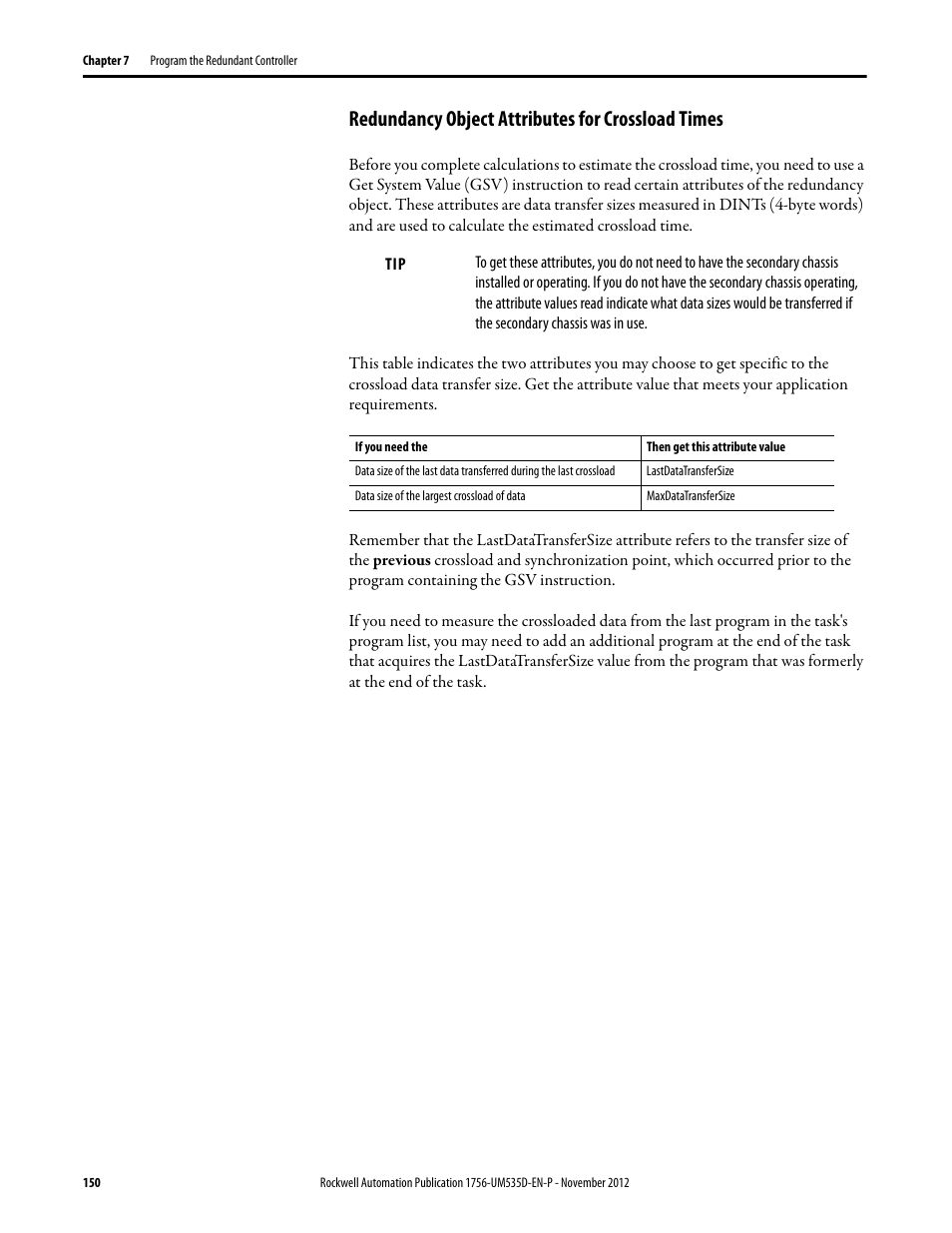 Redundancy object attributes for crossload times | Rockwell Automation 1756-RMxx ControlLogix Enhanced Redundancy System User Manual User Manual | Page 150 / 296