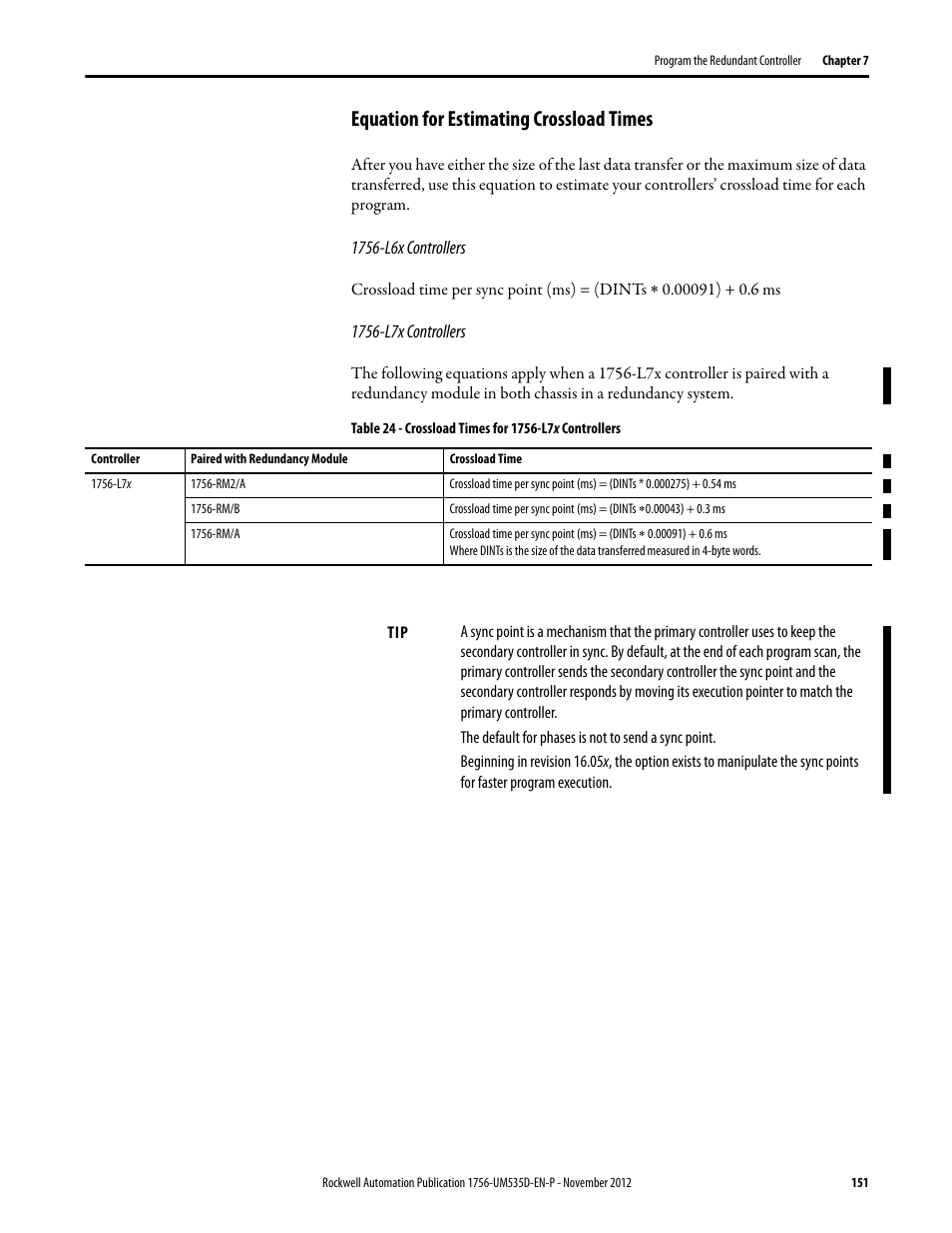 Equation for estimating crossload times, 1756-l6x controllers, 1756-l7x controllers | Rockwell Automation 1756-RMxx ControlLogix Enhanced Redundancy System User Manual User Manual | Page 151 / 296