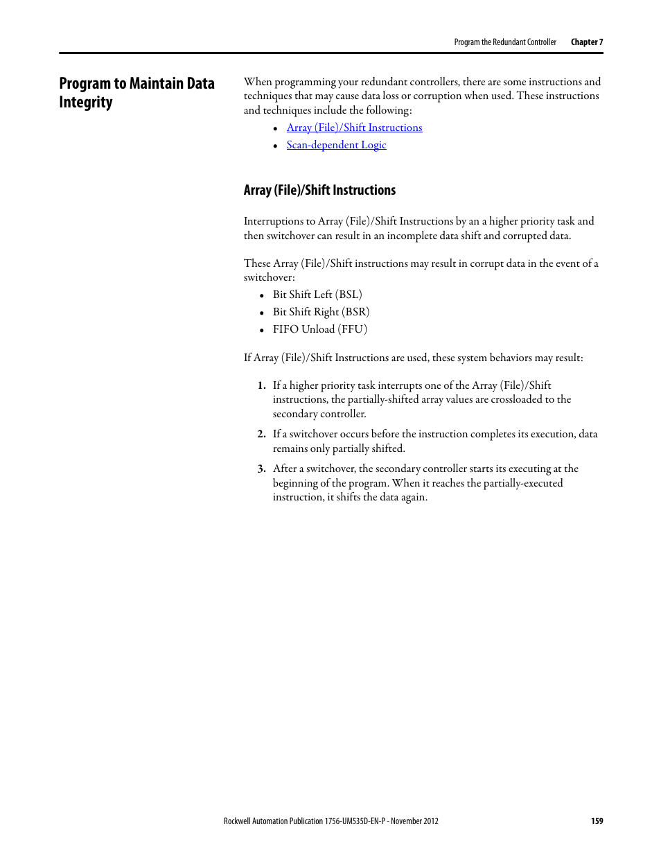 Program to maintain data integrity, Array (file)/shift instructions | Rockwell Automation 1756-RMxx ControlLogix Enhanced Redundancy System User Manual User Manual | Page 159 / 296