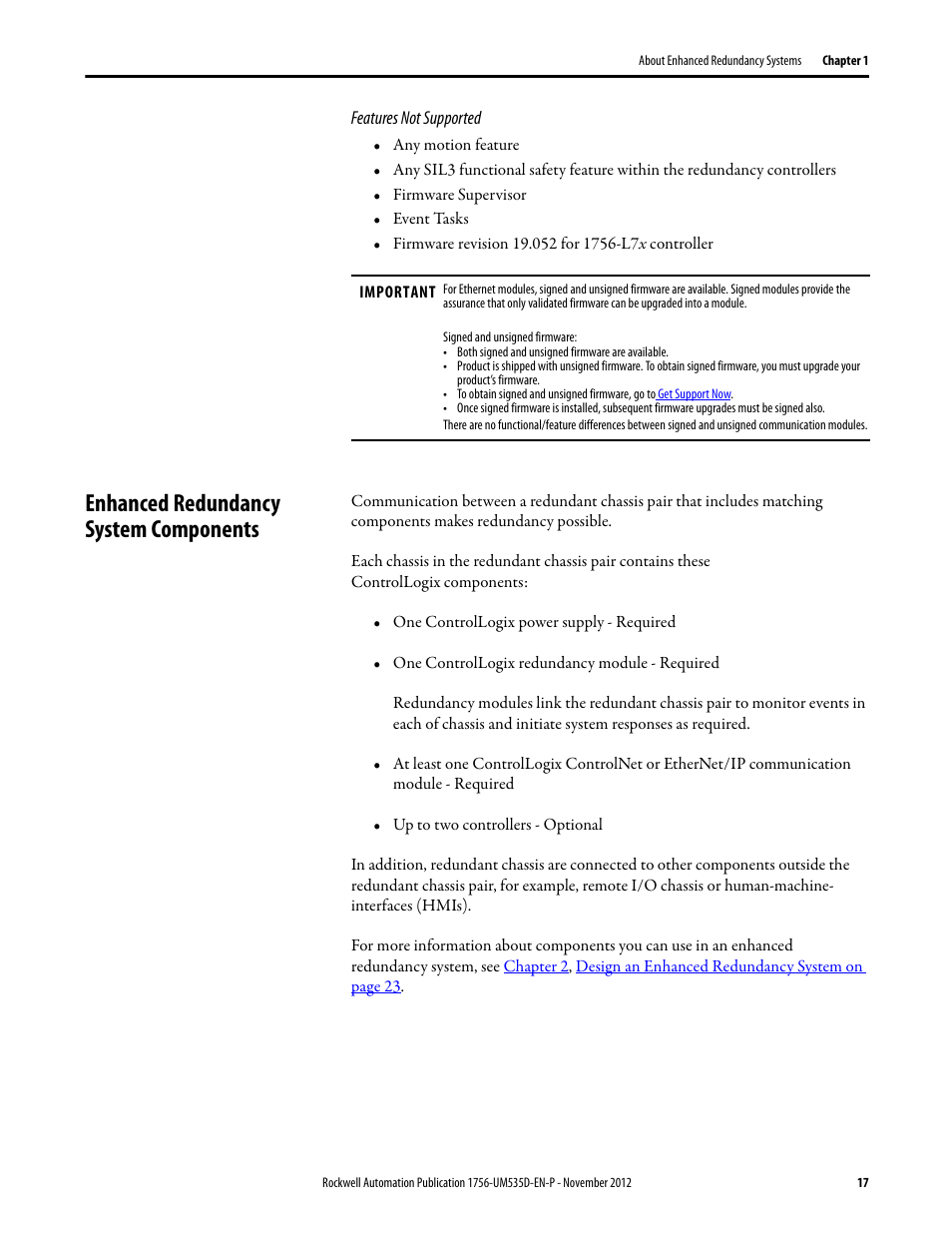 Features not supported, Enhanced redundancy system components | Rockwell Automation 1756-RMxx ControlLogix Enhanced Redundancy System User Manual User Manual | Page 17 / 296