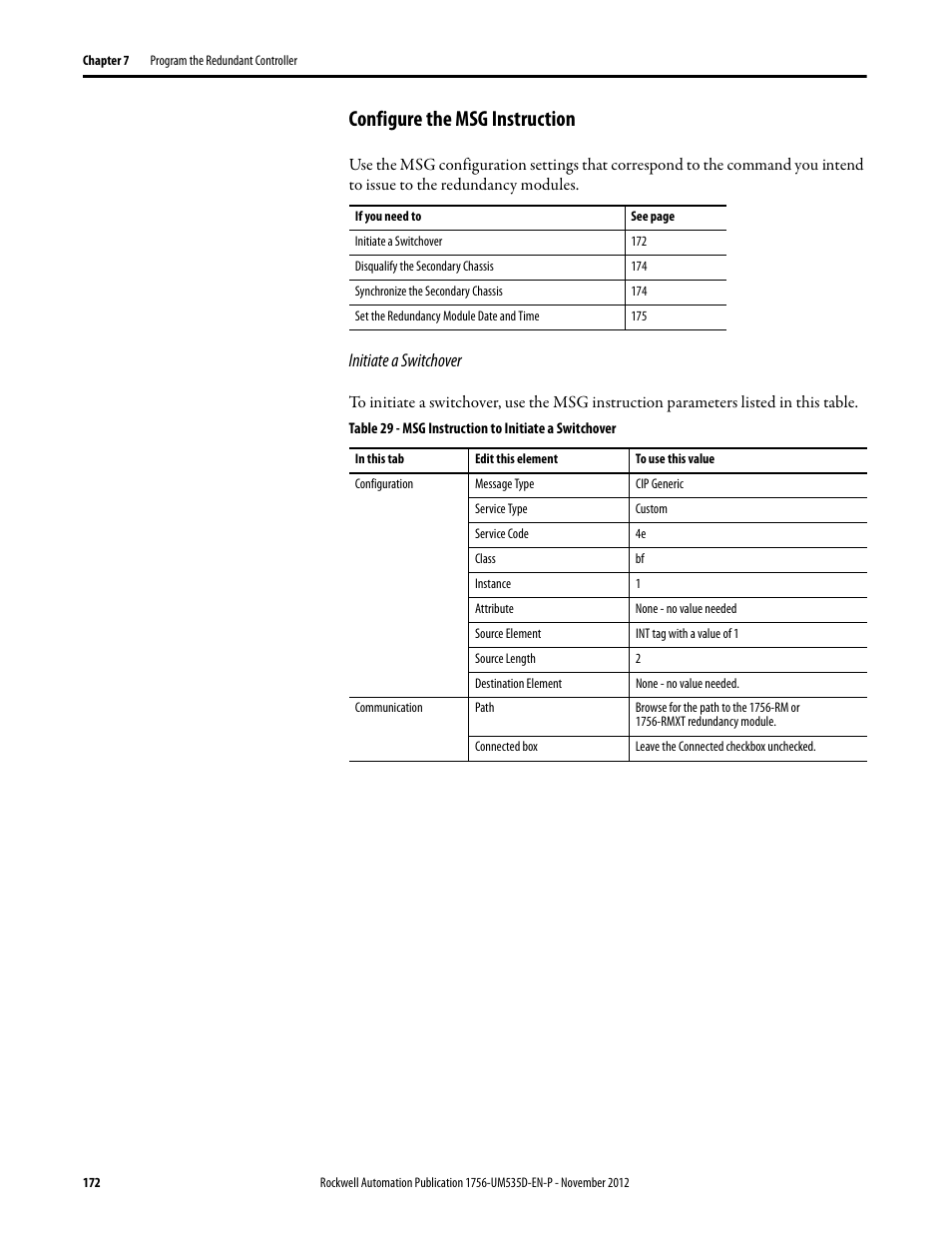Configure the msg instruction, Initiate a switchover | Rockwell Automation 1756-RMxx ControlLogix Enhanced Redundancy System User Manual User Manual | Page 172 / 296