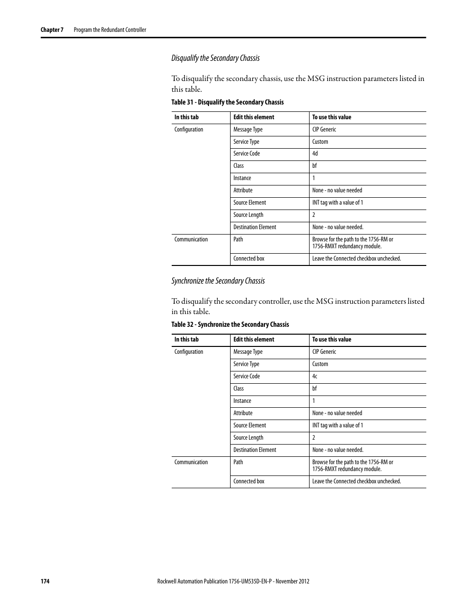 Disqualify the secondary chassis, Table 31 - disqualify the secondary chassis, Synchronize the secondary chassis | Table 32 - synchronize the secondary chassis | Rockwell Automation 1756-RMxx ControlLogix Enhanced Redundancy System User Manual User Manual | Page 174 / 296