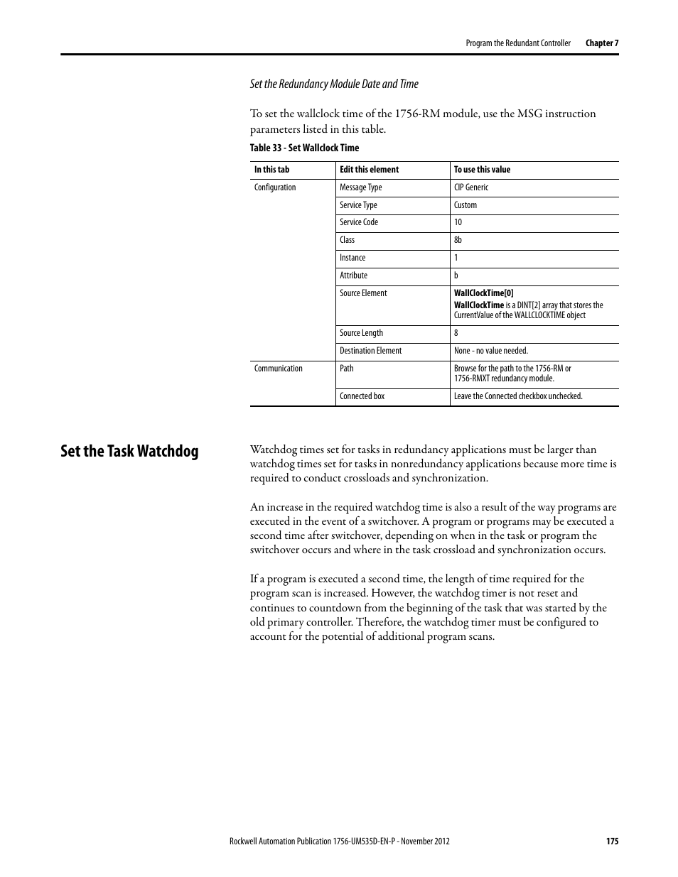 Set the redundancy module date and time, Table 33 - set wallclock time, Set the task watchdog | Rockwell Automation 1756-RMxx ControlLogix Enhanced Redundancy System User Manual User Manual | Page 175 / 296