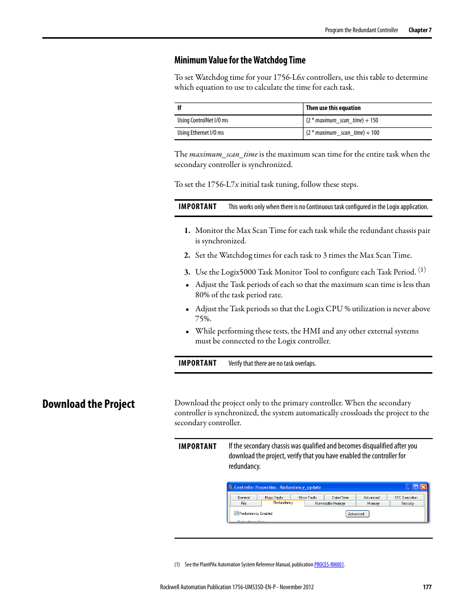 Minimum value for the watchdog time, Download the project | Rockwell Automation 1756-RMxx ControlLogix Enhanced Redundancy System User Manual User Manual | Page 177 / 296