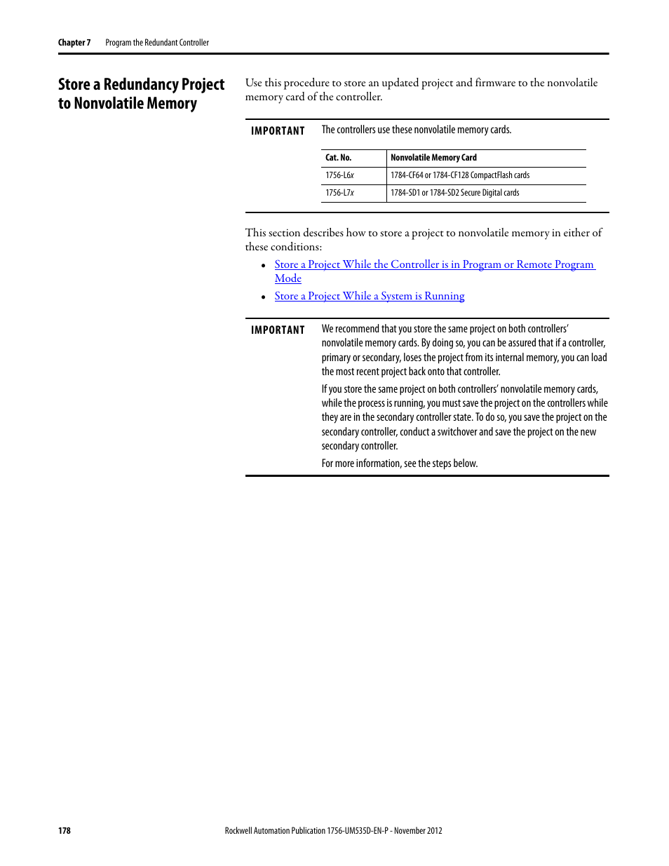 Store a redundancy project to nonvolatile memory | Rockwell Automation 1756-RMxx ControlLogix Enhanced Redundancy System User Manual User Manual | Page 178 / 296