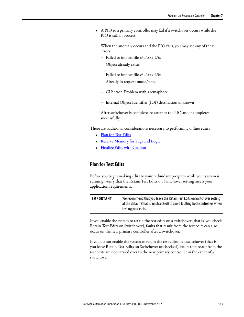 Plan for test edits | Rockwell Automation 1756-RMxx ControlLogix Enhanced Redundancy System User Manual User Manual | Page 183 / 296