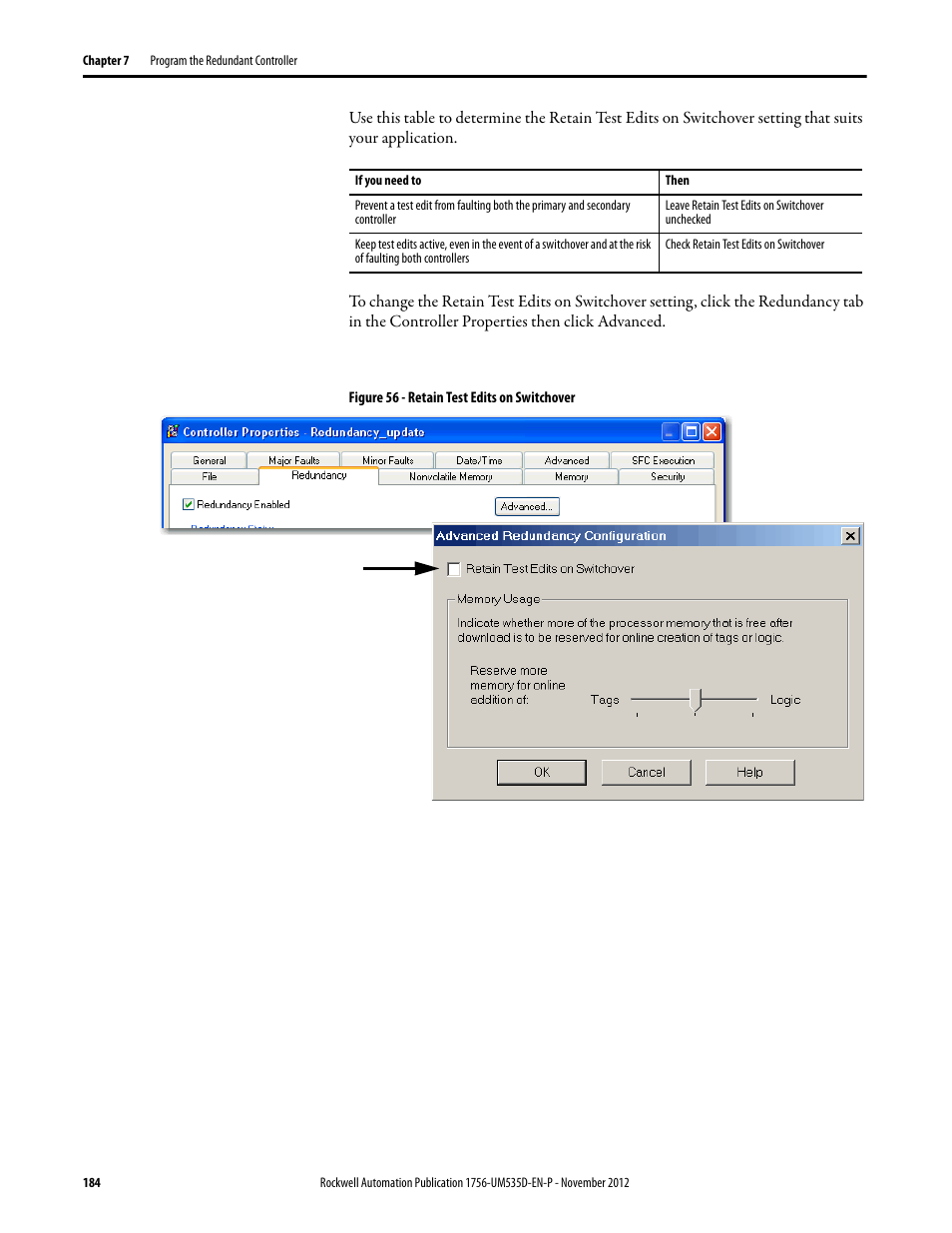 Figure 56 - retain test edits on switchover | Rockwell Automation 1756-RMxx ControlLogix Enhanced Redundancy System User Manual User Manual | Page 184 / 296