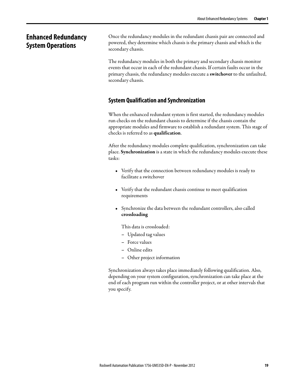 Enhanced redundancy system operations, System qualification and synchronization | Rockwell Automation 1756-RMxx ControlLogix Enhanced Redundancy System User Manual User Manual | Page 19 / 296