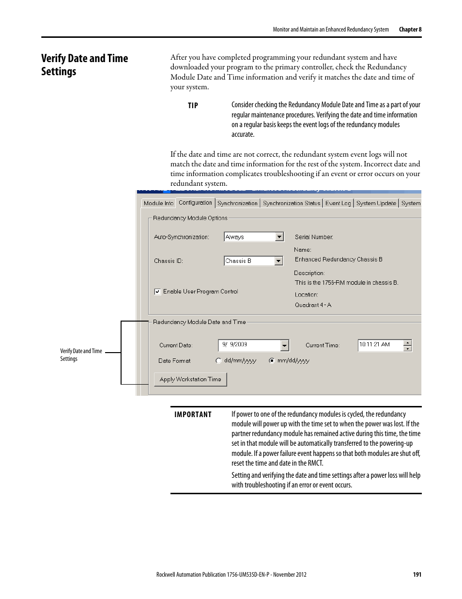 Verify date and time settings | Rockwell Automation 1756-RMxx ControlLogix Enhanced Redundancy System User Manual User Manual | Page 191 / 296