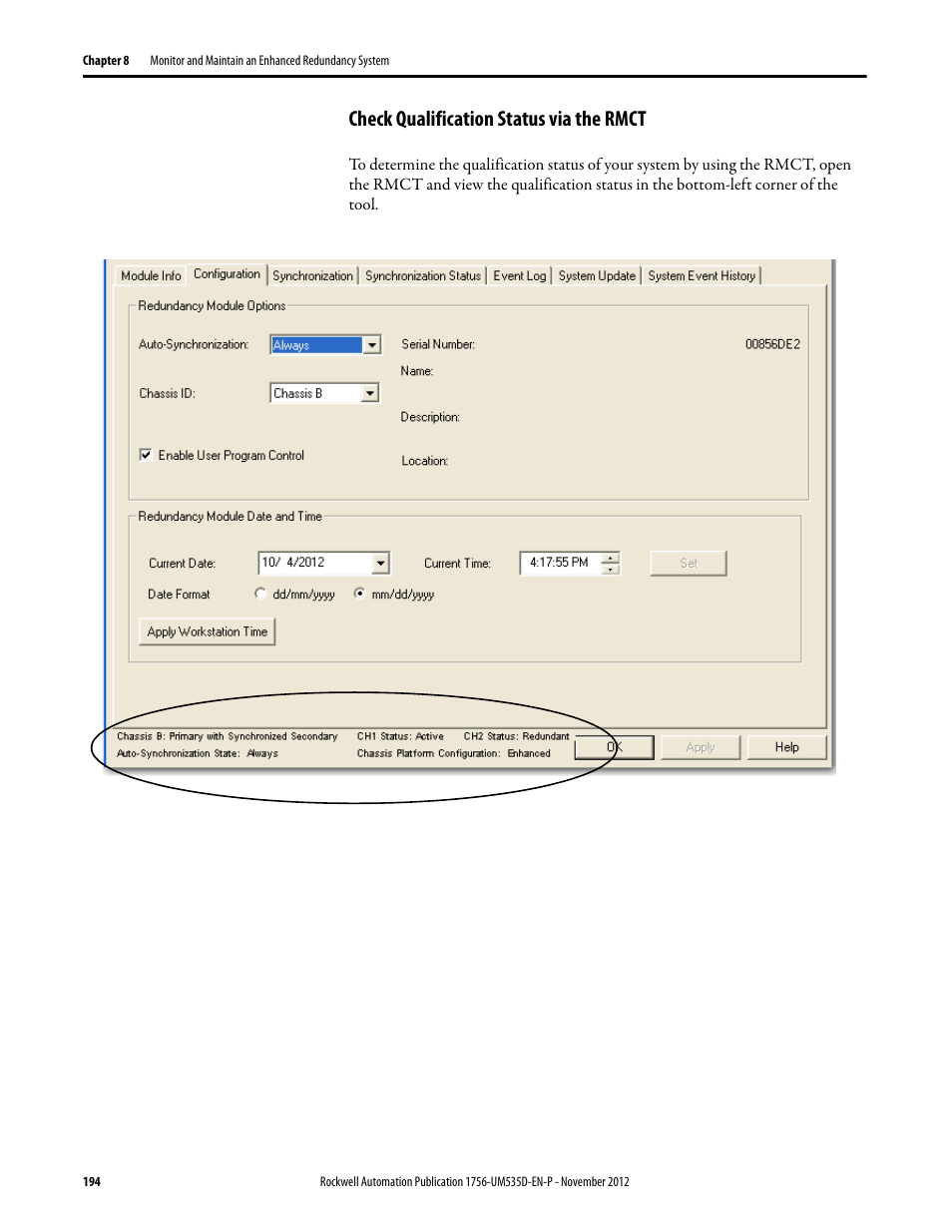 Check qualification status via the rmct | Rockwell Automation 1756-RMxx ControlLogix Enhanced Redundancy System User Manual User Manual | Page 194 / 296