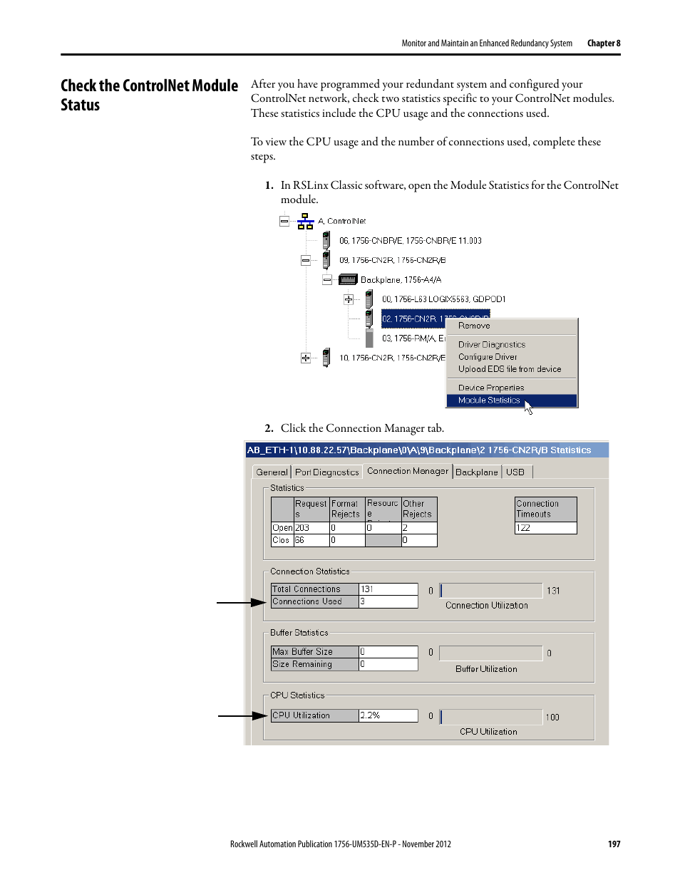 Check the controlnet module status, Click the connection manager tab | Rockwell Automation 1756-RMxx ControlLogix Enhanced Redundancy System User Manual User Manual | Page 197 / 296