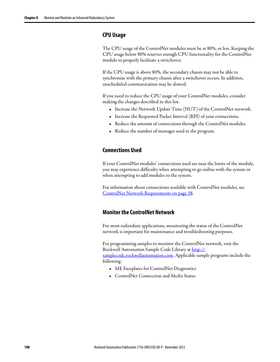 Cpu usage, Connections used, Monitor the controlnet network | Rockwell Automation 1756-RMxx ControlLogix Enhanced Redundancy System User Manual User Manual | Page 198 / 296