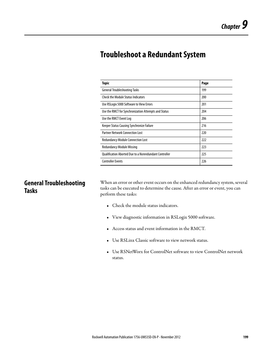 Ch 9 - troubleshoot a redundant system, Troubleshoot a redundant system, General troubleshooting tasks | Chapter 9, Chapter | Rockwell Automation 1756-RMxx ControlLogix Enhanced Redundancy System User Manual User Manual | Page 199 / 296