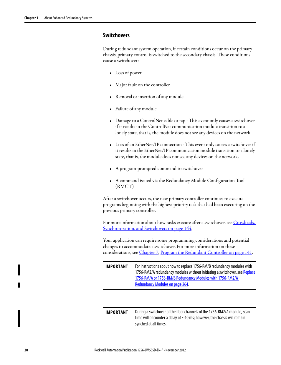 Switchovers | Rockwell Automation 1756-RMxx ControlLogix Enhanced Redundancy System User Manual User Manual | Page 20 / 296