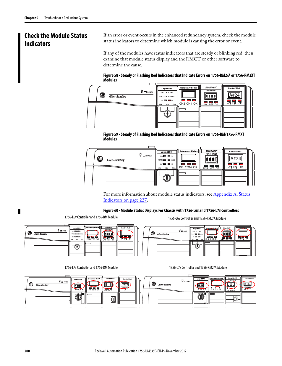 Check the module status indicators | Rockwell Automation 1756-RMxx ControlLogix Enhanced Redundancy System User Manual User Manual | Page 200 / 296
