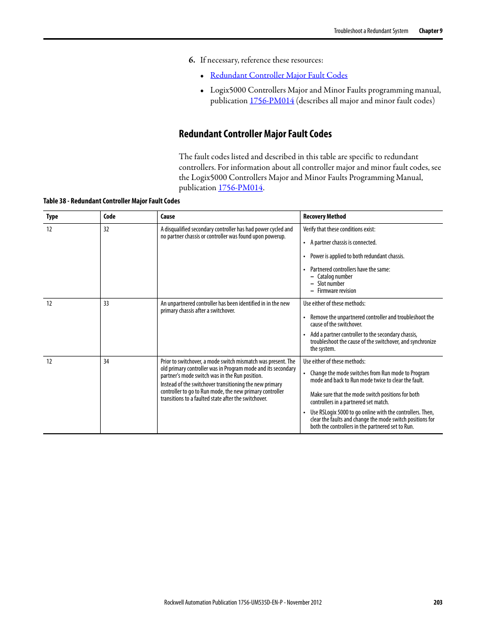 If necessary, reference these resources, Redundant controller major fault codes, Table 38 - redundant controller major fault codes | Rockwell Automation 1756-RMxx ControlLogix Enhanced Redundancy System User Manual User Manual | Page 203 / 296