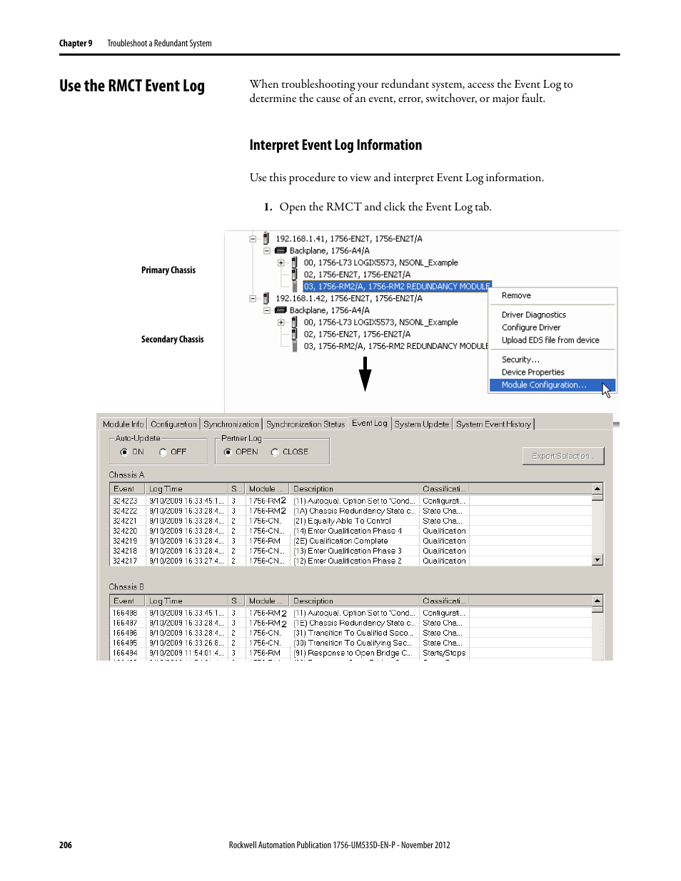 Use the rmct event log, Interpret event log information, Open the rmct and click the event log tab | Rockwell Automation 1756-RMxx ControlLogix Enhanced Redundancy System User Manual User Manual | Page 206 / 296