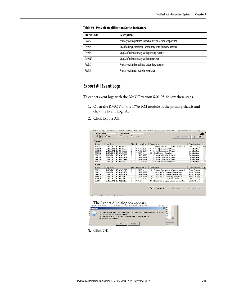 Export all event logs, Click export all, Click ok | Rockwell Automation 1756-RMxx ControlLogix Enhanced Redundancy System User Manual User Manual | Page 211 / 296