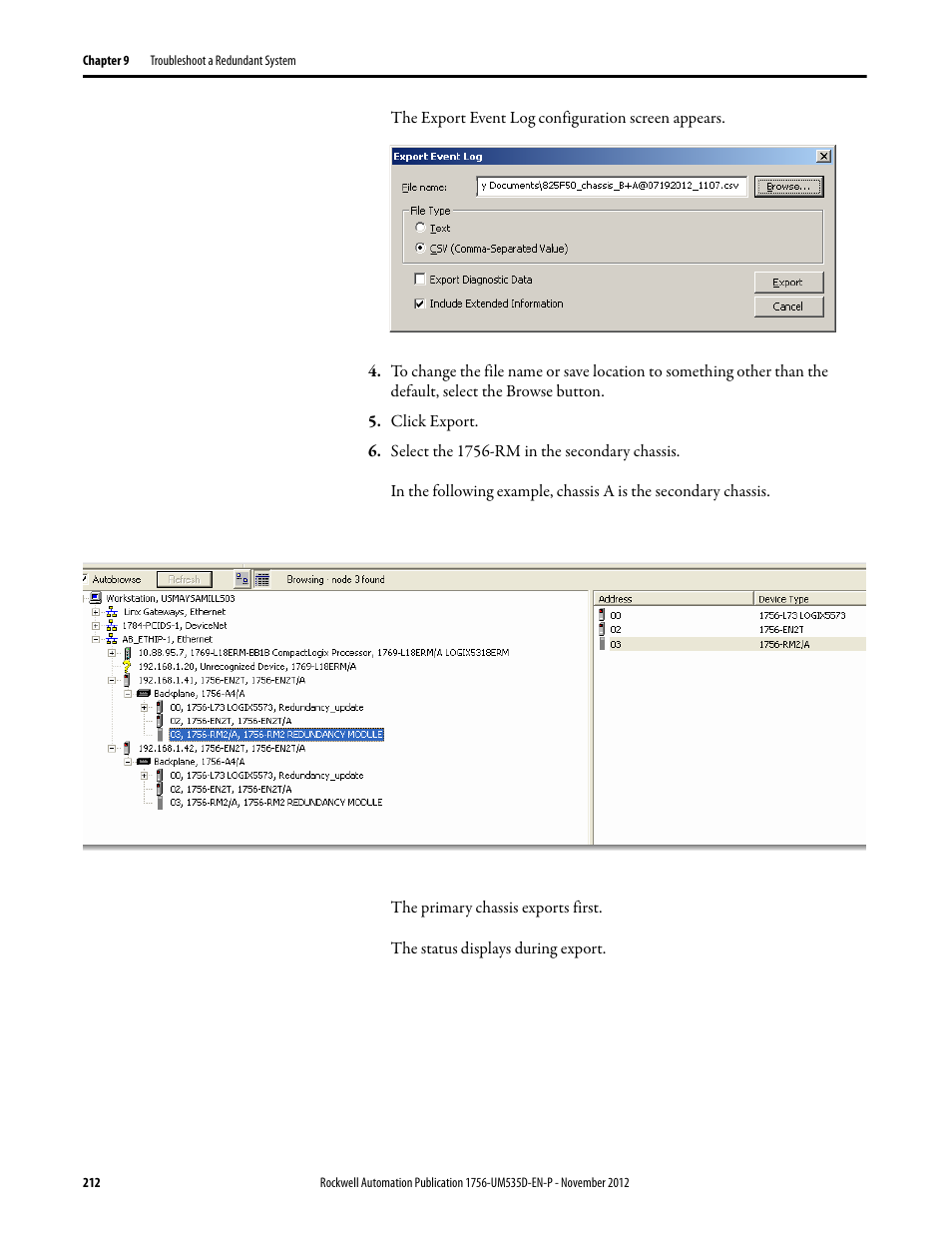 Click export, Select the 1756-rm in the secondary chassis | Rockwell Automation 1756-RMxx ControlLogix Enhanced Redundancy System User Manual User Manual | Page 212 / 296