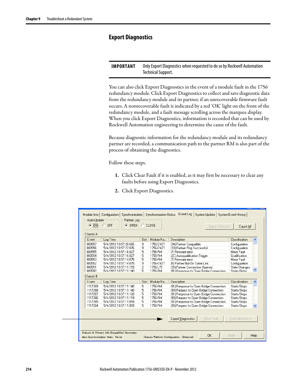 Export diagnostics, Click export diagnostics | Rockwell Automation 1756-RMxx ControlLogix Enhanced Redundancy System User Manual User Manual | Page 214 / 296