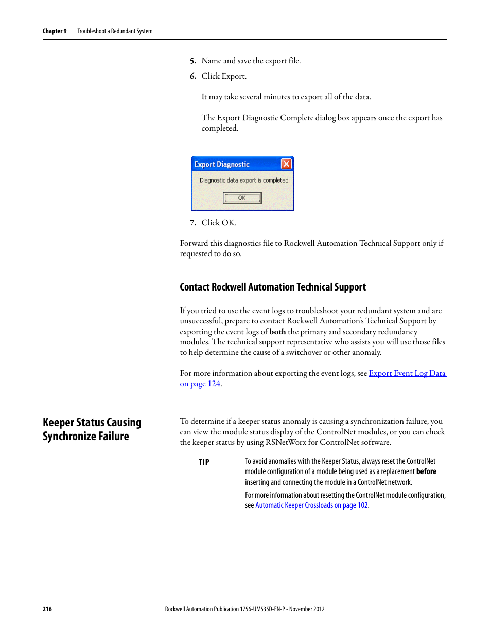 Name and save the export file, Click export, Click ok | Contact rockwell automation technical support, Keeper status causing synchronize failure | Rockwell Automation 1756-RMxx ControlLogix Enhanced Redundancy System User Manual User Manual | Page 216 / 296