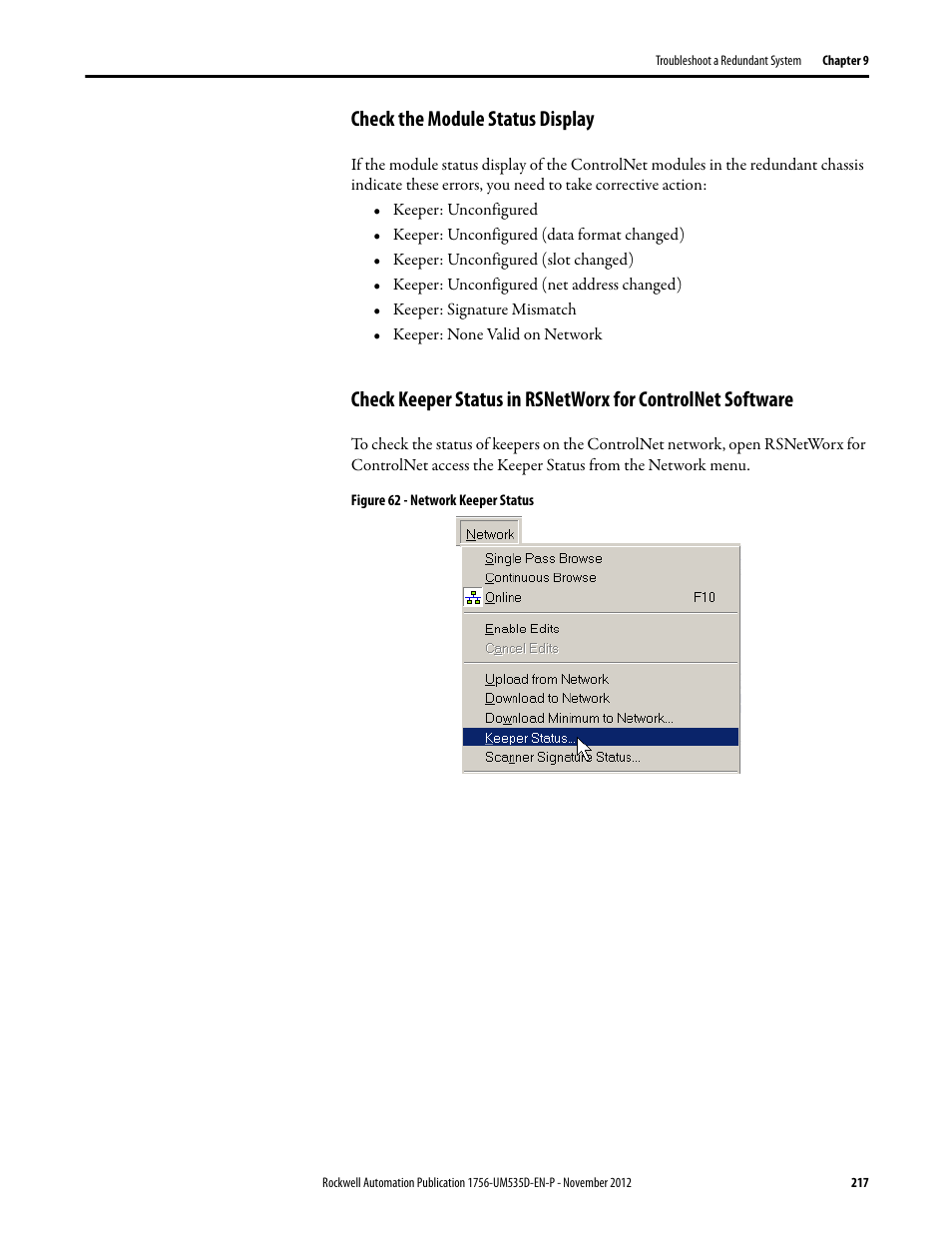 Check the module status display, Figure 62 - network keeper status | Rockwell Automation 1756-RMxx ControlLogix Enhanced Redundancy System User Manual User Manual | Page 217 / 296