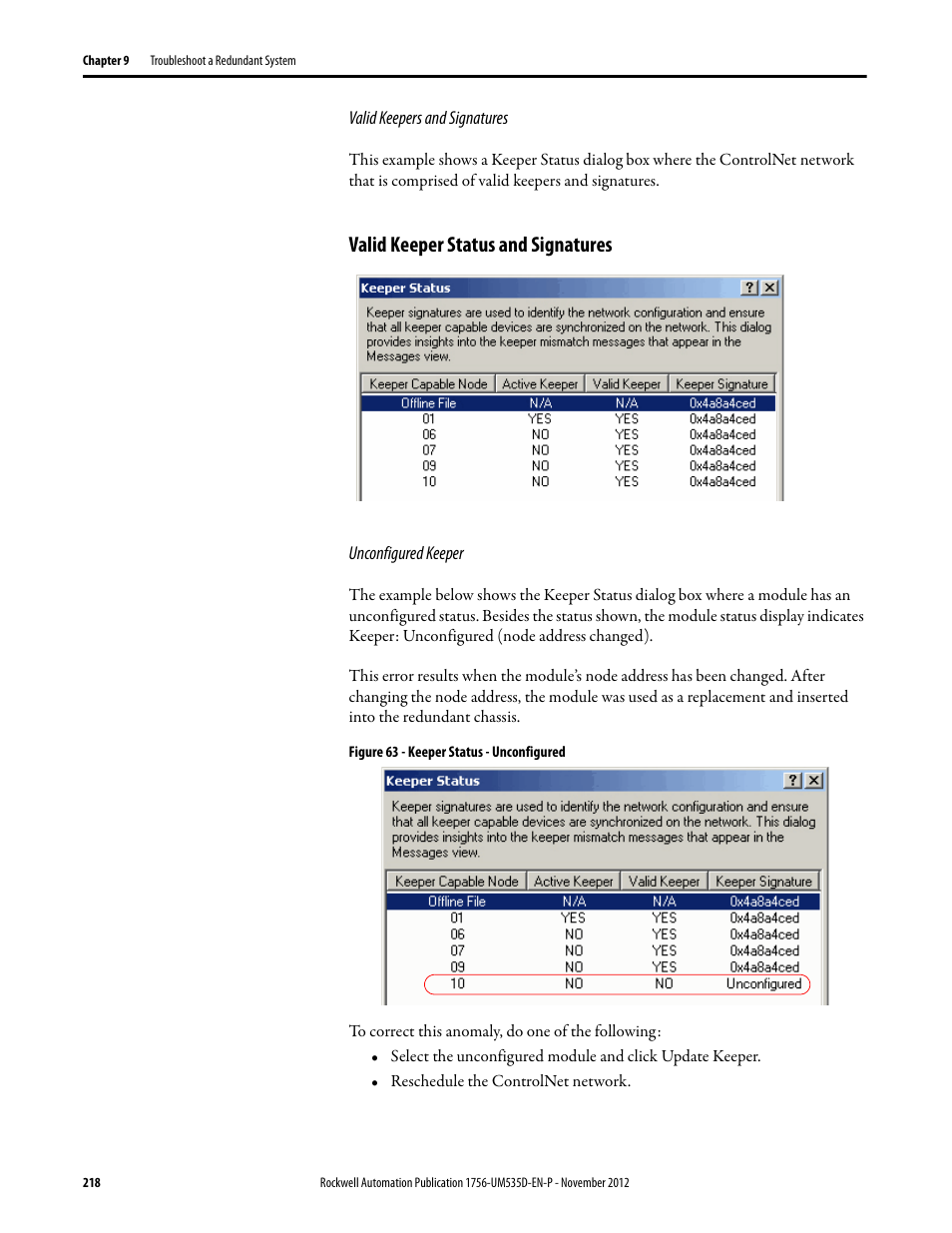 Valid keepers and signatures, Valid keeper status and signatures, Unconfigured keeper | Figure 63 - keeper status - unconfigured | Rockwell Automation 1756-RMxx ControlLogix Enhanced Redundancy System User Manual User Manual | Page 218 / 296