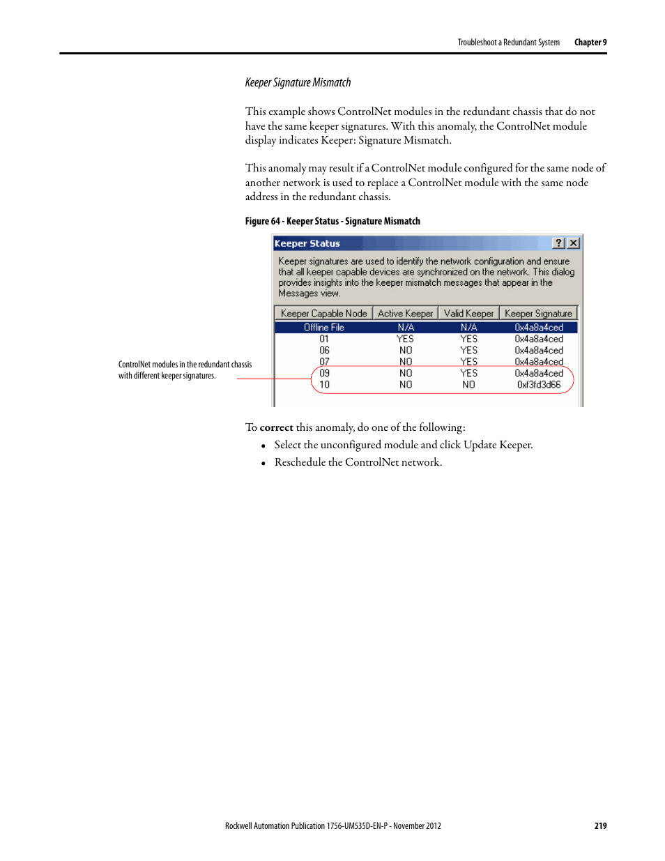Keeper signature mismatch, Figure 64 - keeper status - signature mismatch | Rockwell Automation 1756-RMxx ControlLogix Enhanced Redundancy System User Manual User Manual | Page 219 / 296