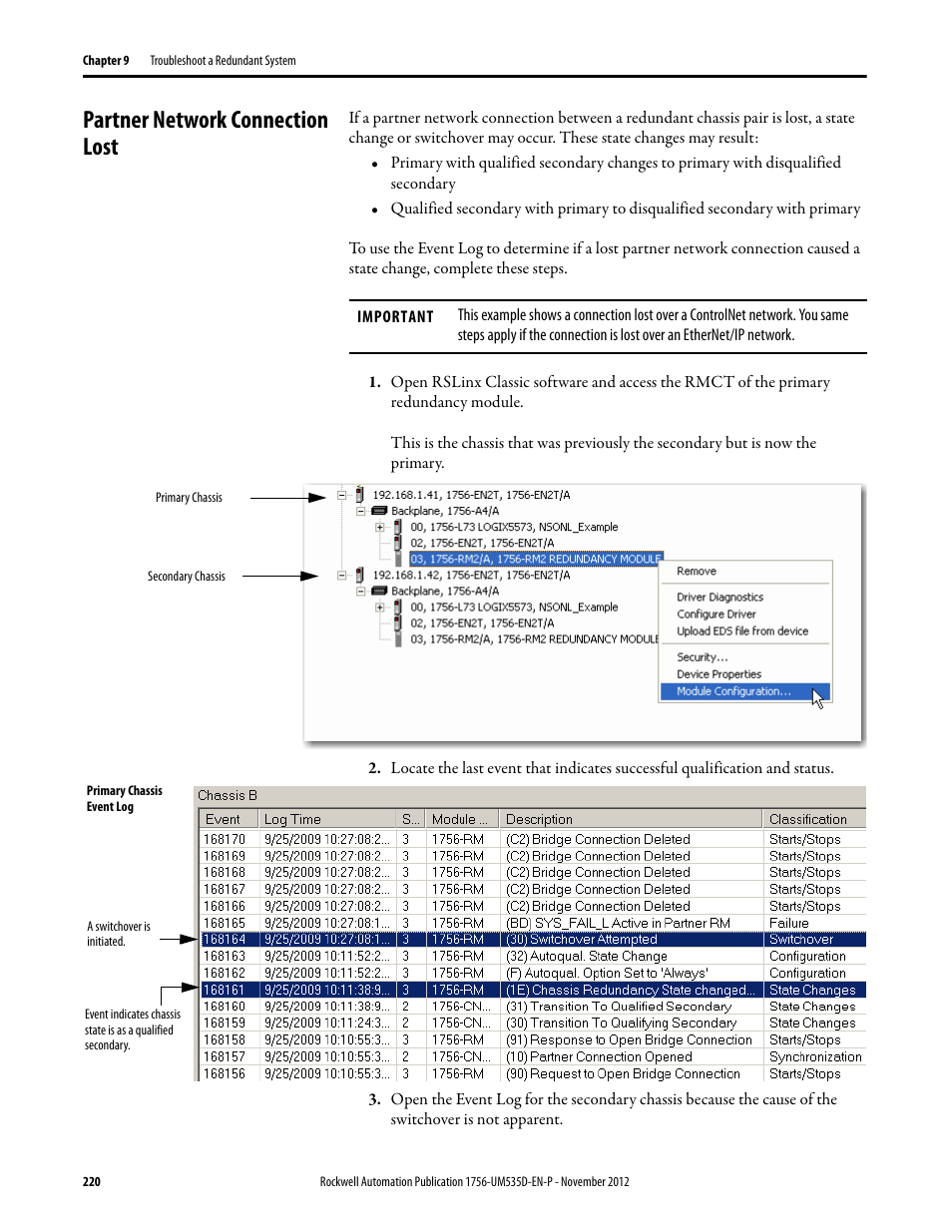 Partner network connection lost | Rockwell Automation 1756-RMxx ControlLogix Enhanced Redundancy System User Manual User Manual | Page 220 / 296