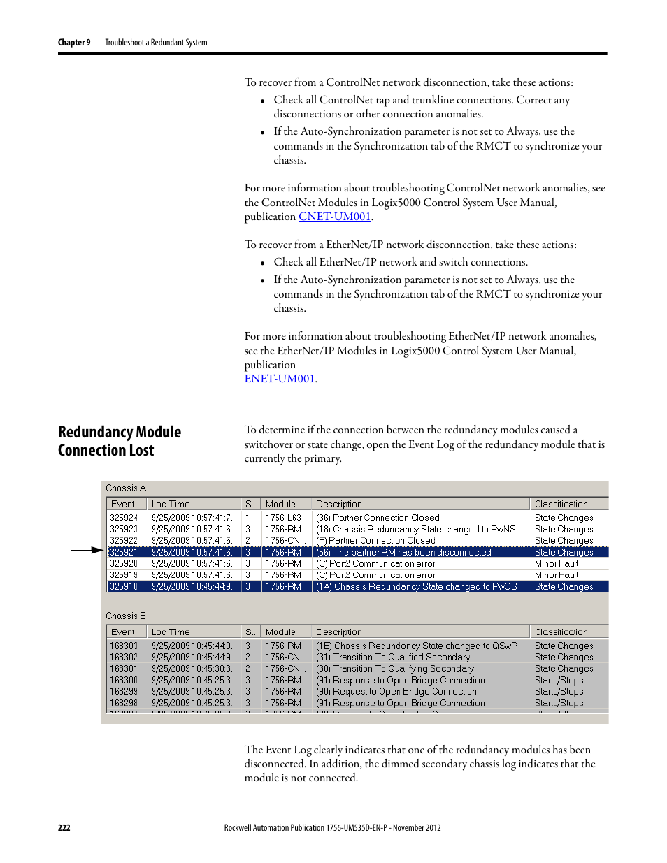 Redundancy module connection lost | Rockwell Automation 1756-RMxx ControlLogix Enhanced Redundancy System User Manual User Manual | Page 222 / 296