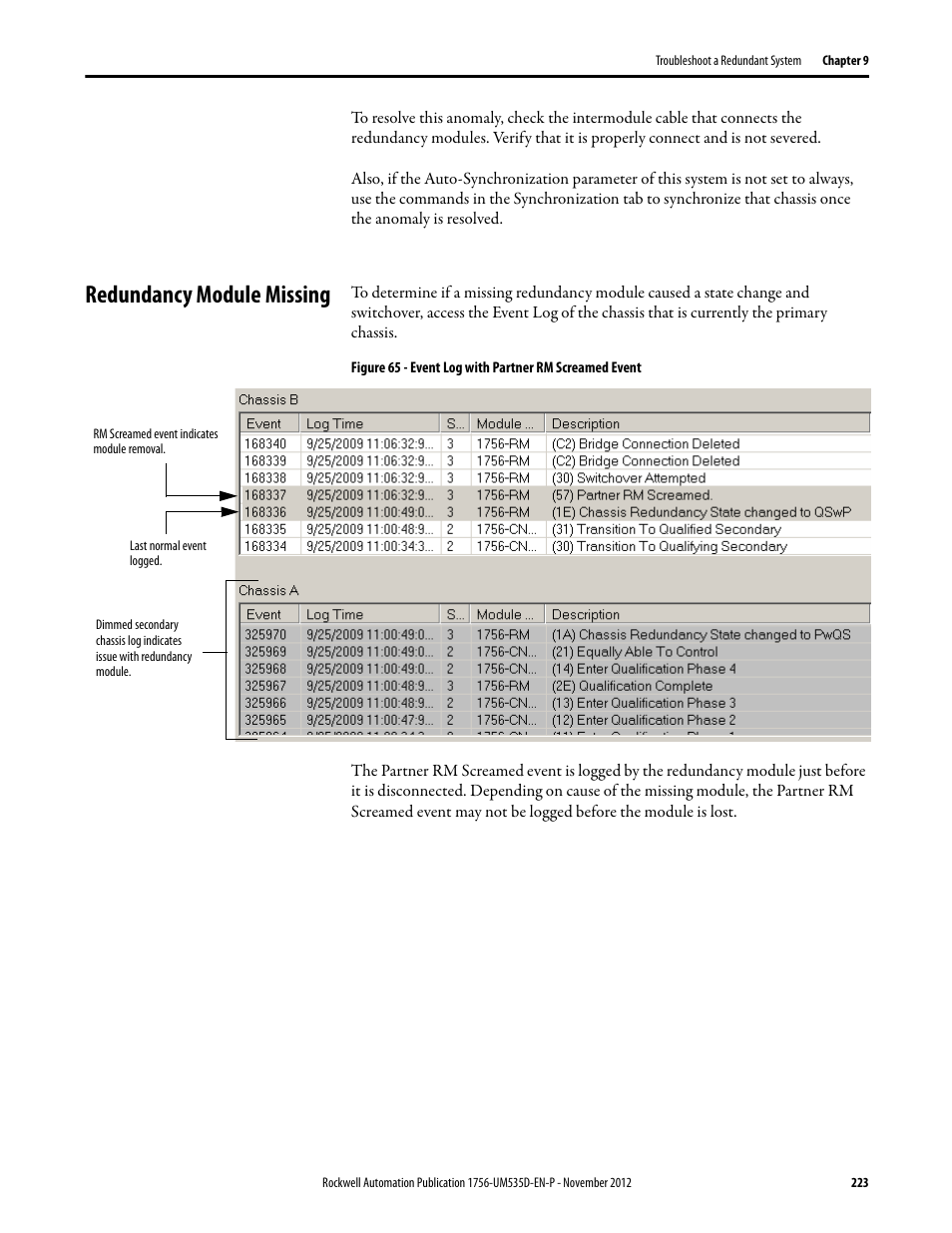 Redundancy module missing | Rockwell Automation 1756-RMxx ControlLogix Enhanced Redundancy System User Manual User Manual | Page 223 / 296