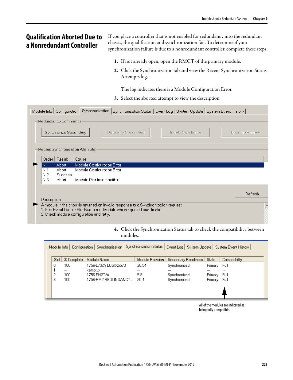 Select the aborted attempt to view the description | Rockwell Automation 1756-RMxx ControlLogix Enhanced Redundancy System User Manual User Manual | Page 225 / 296