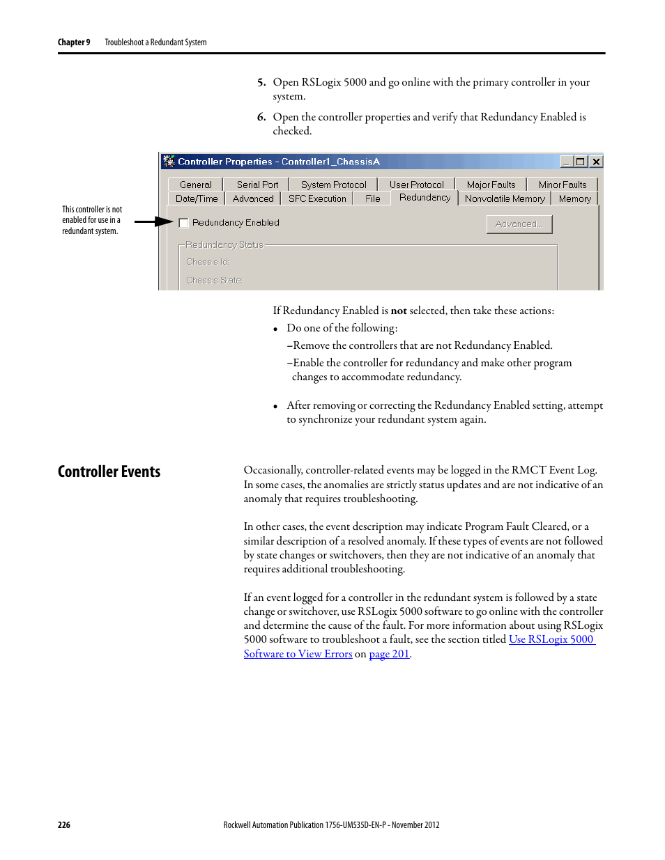 Controller events | Rockwell Automation 1756-RMxx ControlLogix Enhanced Redundancy System User Manual User Manual | Page 226 / 296