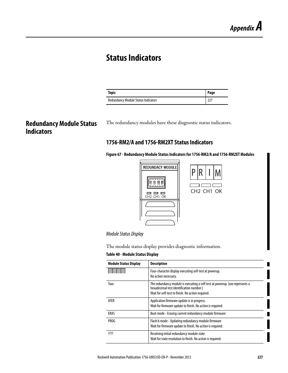 App a - status indicators, Status indicators, Redundancy module status indicators | 1756-rm2/a and 1756-rm2xt status indicators, Module status display, Table 40 - module status display, Appendix a, Status, P r i m, Appendix | Rockwell Automation 1756-RMxx ControlLogix Enhanced Redundancy System User Manual User Manual | Page 227 / 296