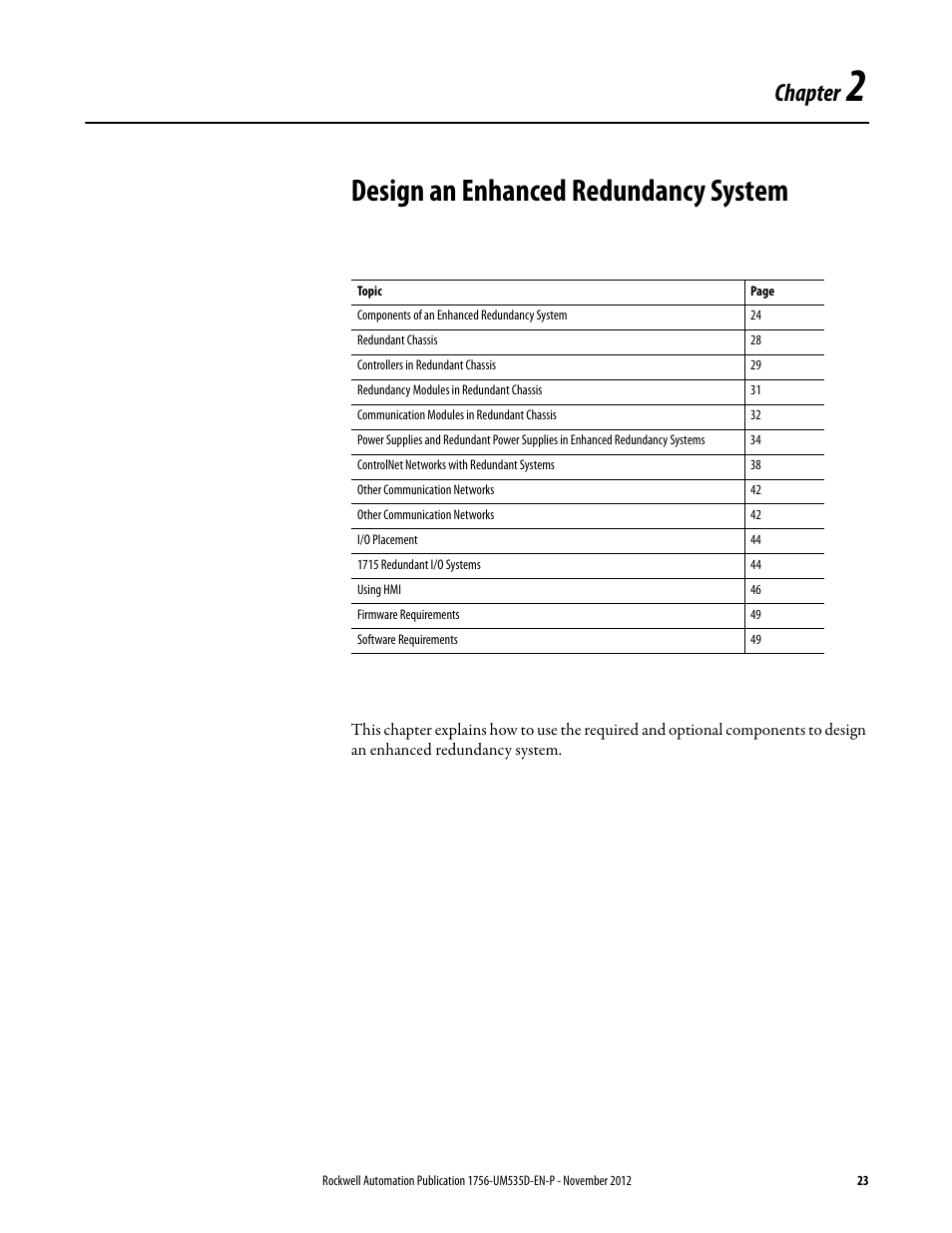 Ch 2 - design an enhanced redundancy system, Design an enhanced redundancy system, Chapter 2 | Design an enhanced redundancy system on, Chapter | Rockwell Automation 1756-RMxx ControlLogix Enhanced Redundancy System User Manual User Manual | Page 23 / 296