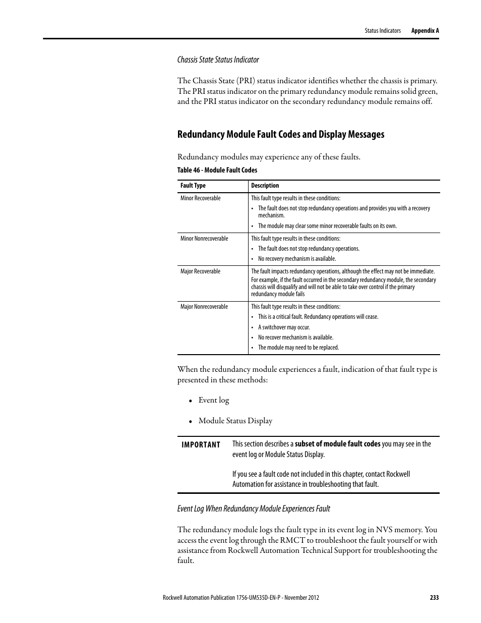 Chassis state status indicator, Redundancy module fault codes and display messages, Table 46 - module fault codes | Event log when redundancy module experiences fault | Rockwell Automation 1756-RMxx ControlLogix Enhanced Redundancy System User Manual User Manual | Page 233 / 296