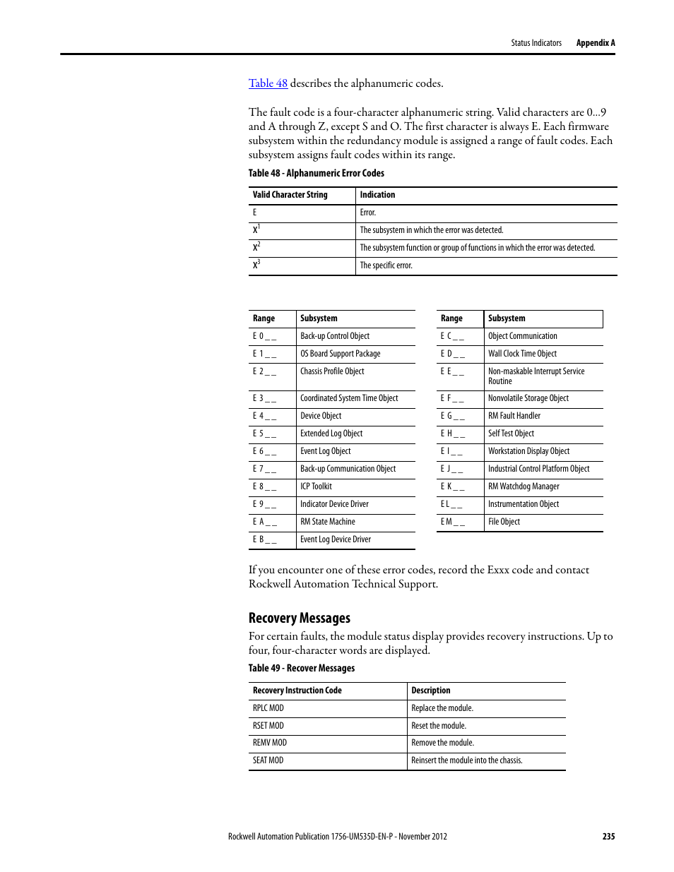 Table 48 - alphanumeric error codes, Recovery messages, Table 49 - recover messages | Rockwell Automation 1756-RMxx ControlLogix Enhanced Redundancy System User Manual User Manual | Page 235 / 296