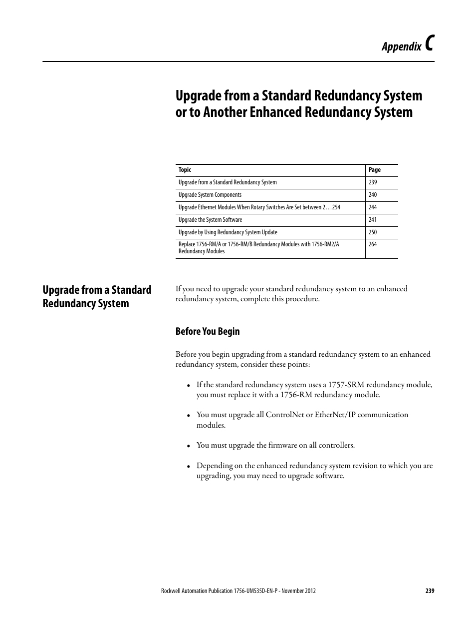 Upgrade from a standard redundancy system, Before you begin, Appendix c | Upgrade from a, Appendix | Rockwell Automation 1756-RMxx ControlLogix Enhanced Redundancy System User Manual User Manual | Page 239 / 296