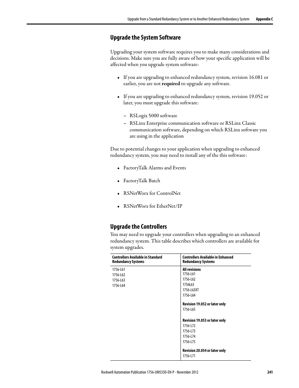 Upgrade the system software, Upgrade the controllers | Rockwell Automation 1756-RMxx ControlLogix Enhanced Redundancy System User Manual User Manual | Page 241 / 296