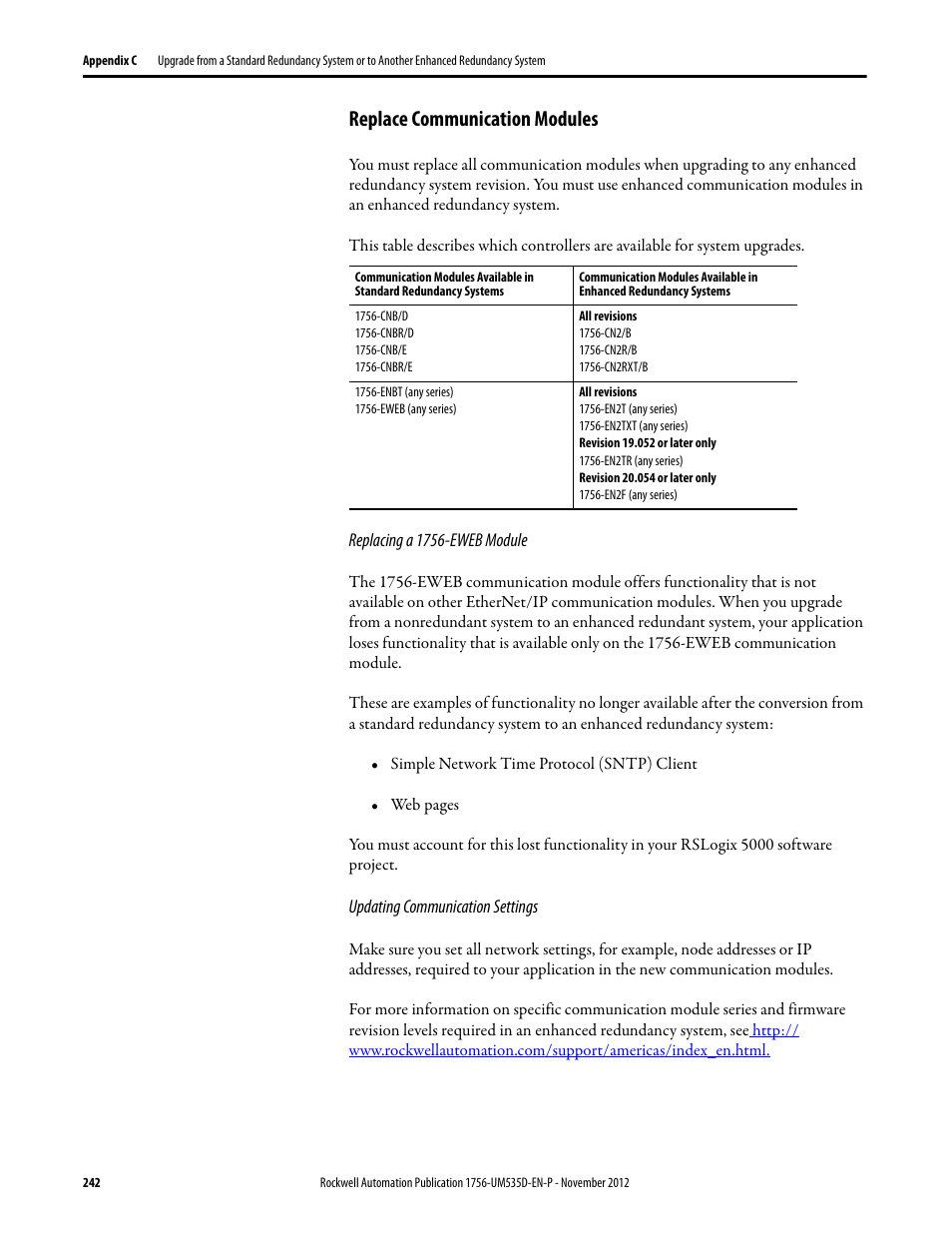 Replace communication modules, Replacing a 1756-eweb module, Updating communication settings | Rockwell Automation 1756-RMxx ControlLogix Enhanced Redundancy System User Manual User Manual | Page 242 / 296
