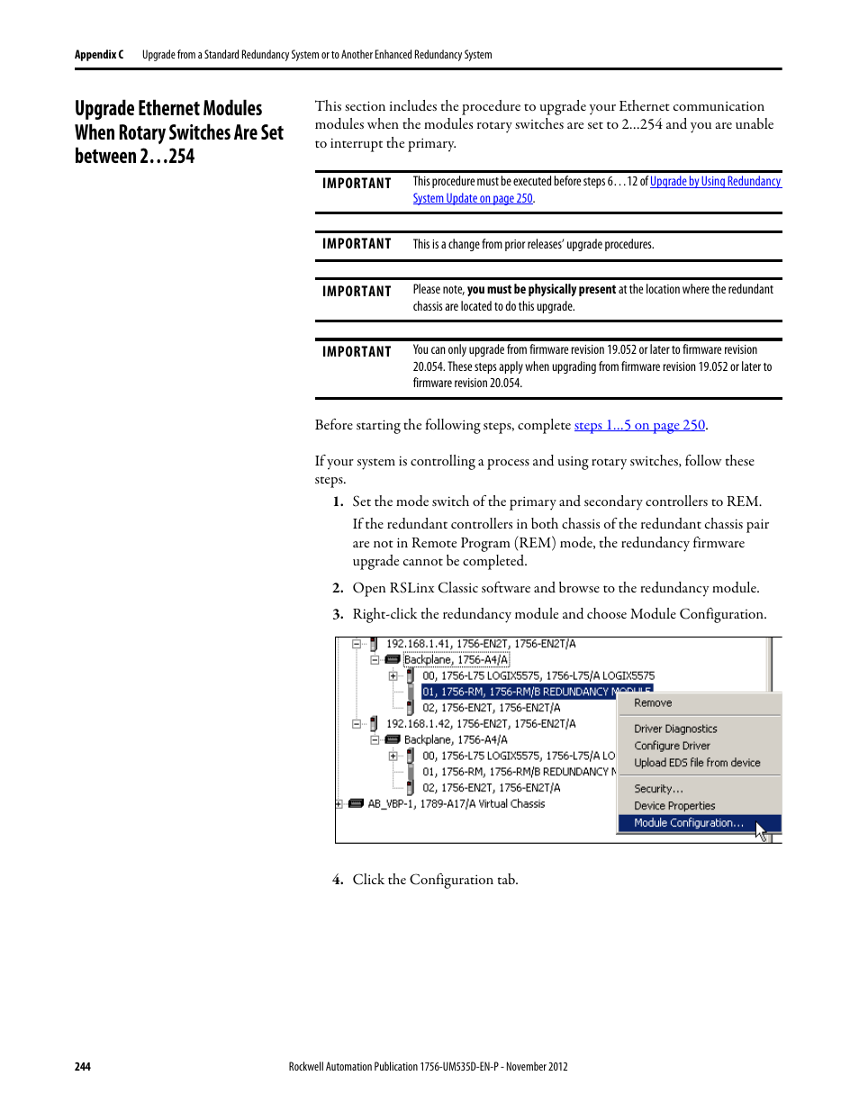 Click the configuration tab | Rockwell Automation 1756-RMxx ControlLogix Enhanced Redundancy System User Manual User Manual | Page 244 / 296