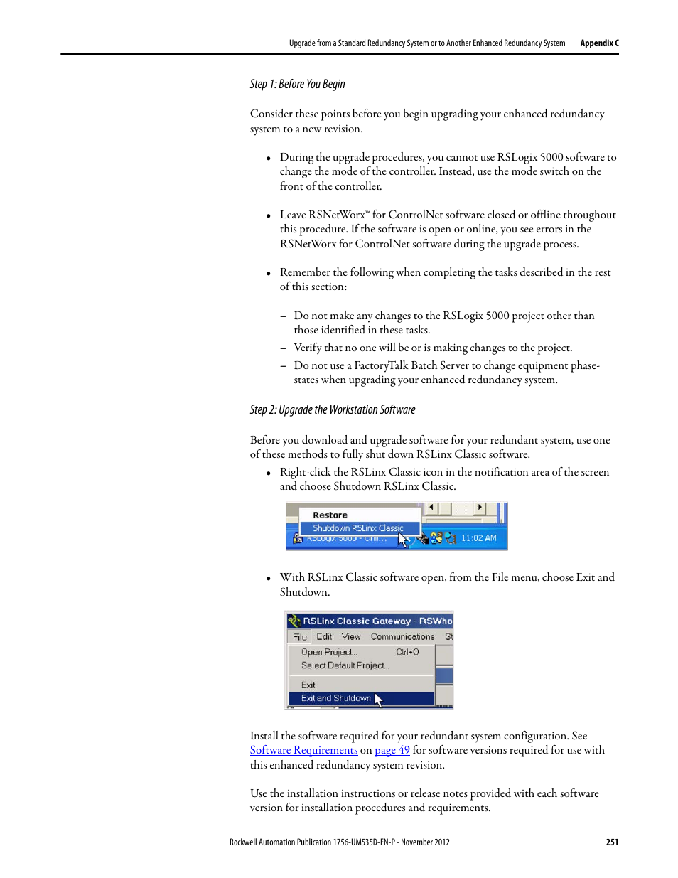 Step 1: before you begin, Step 2: upgrade the workstation software | Rockwell Automation 1756-RMxx ControlLogix Enhanced Redundancy System User Manual User Manual | Page 251 / 296