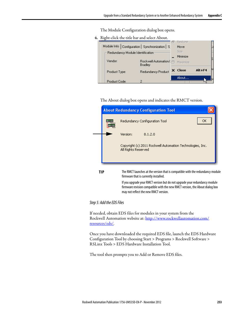 Right-click the title bar and select about, Step 5: add the eds files | Rockwell Automation 1756-RMxx ControlLogix Enhanced Redundancy System User Manual User Manual | Page 253 / 296