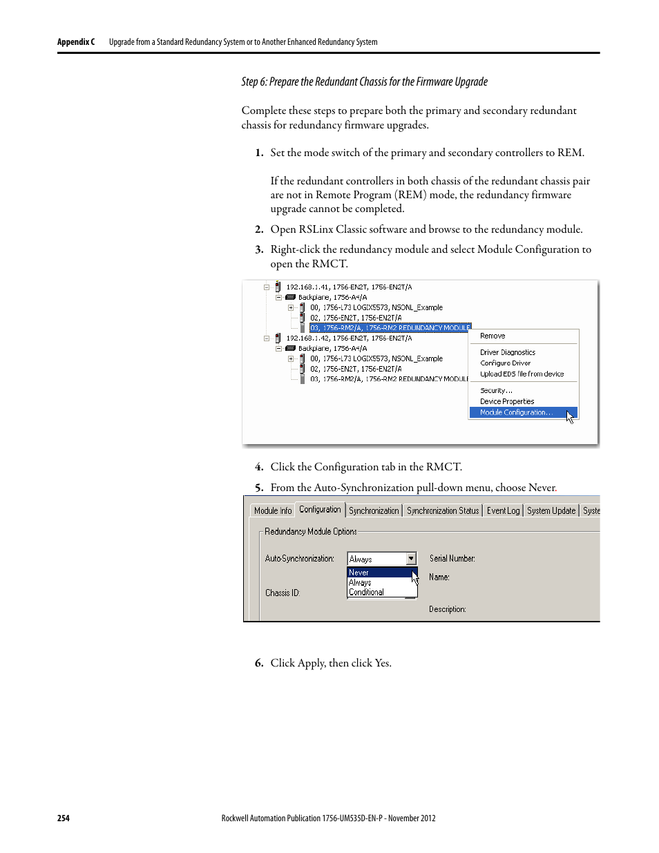 Click the configuration tab in the rmct, Click apply, then click yes | Rockwell Automation 1756-RMxx ControlLogix Enhanced Redundancy System User Manual User Manual | Page 254 / 296