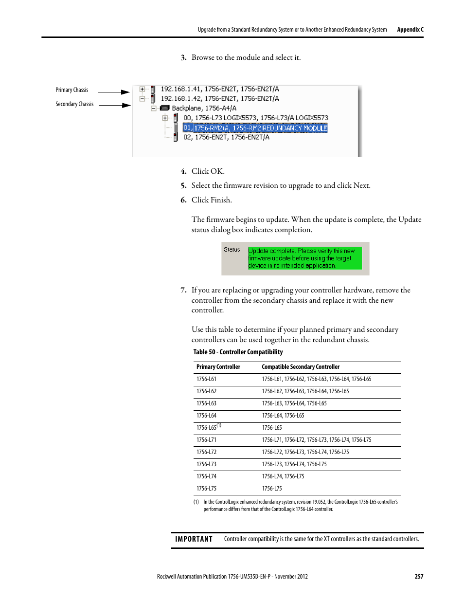 Browse to the module and select it, Click ok, Click finish | Table 50 - controller compatibility | Rockwell Automation 1756-RMxx ControlLogix Enhanced Redundancy System User Manual User Manual | Page 257 / 296