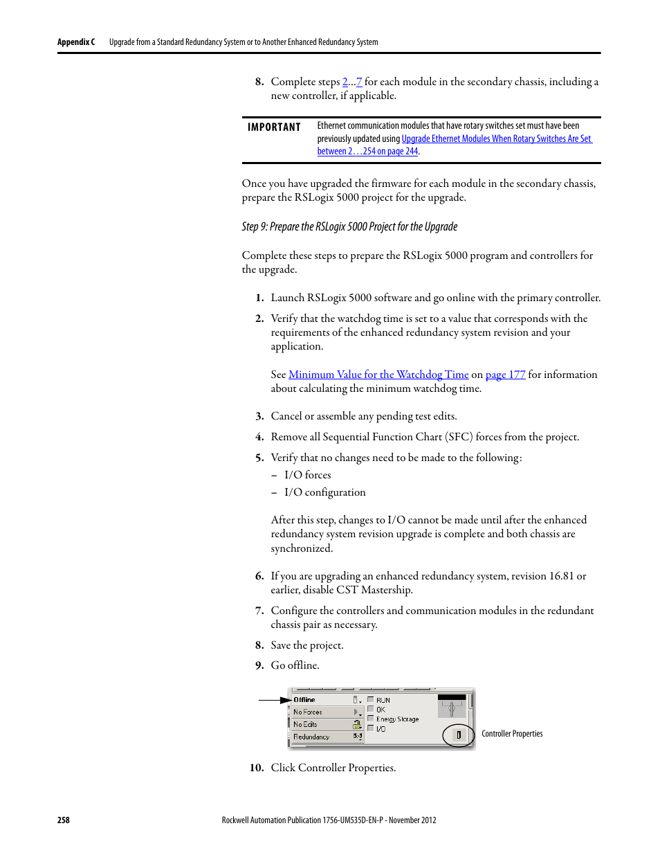 Cancel or assemble any pending test edits, Save the project, Go offline | Click controller properties | Rockwell Automation 1756-RMxx ControlLogix Enhanced Redundancy System User Manual User Manual | Page 258 / 296