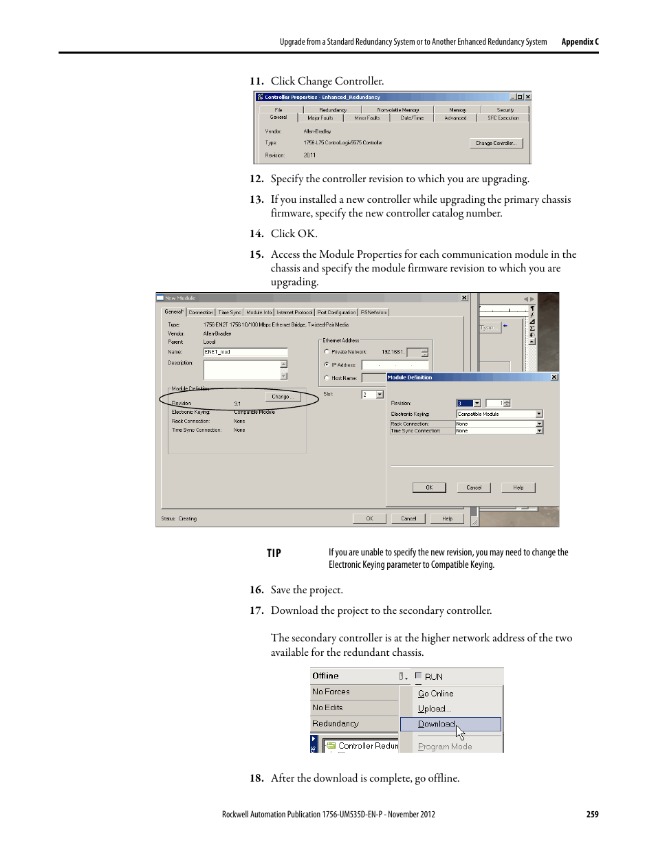 Click change controller, Click ok, Save the project | Download the project to the secondary controller, After the download is complete, go offline | Rockwell Automation 1756-RMxx ControlLogix Enhanced Redundancy System User Manual User Manual | Page 259 / 296