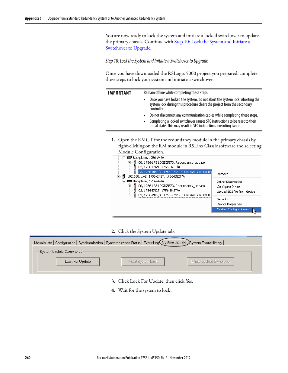 Click the system update tab, Click lock for update, then click yes, Wait for the system to lock | Rockwell Automation 1756-RMxx ControlLogix Enhanced Redundancy System User Manual User Manual | Page 260 / 296