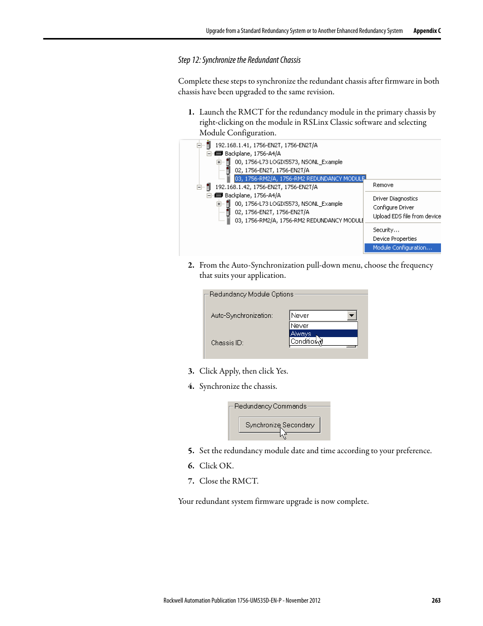 Step 12: synchronize the redundant chassis, Click apply, then click yes, Synchronize the chassis | Click ok, Close the rmct | Rockwell Automation 1756-RMxx ControlLogix Enhanced Redundancy System User Manual User Manual | Page 263 / 296
