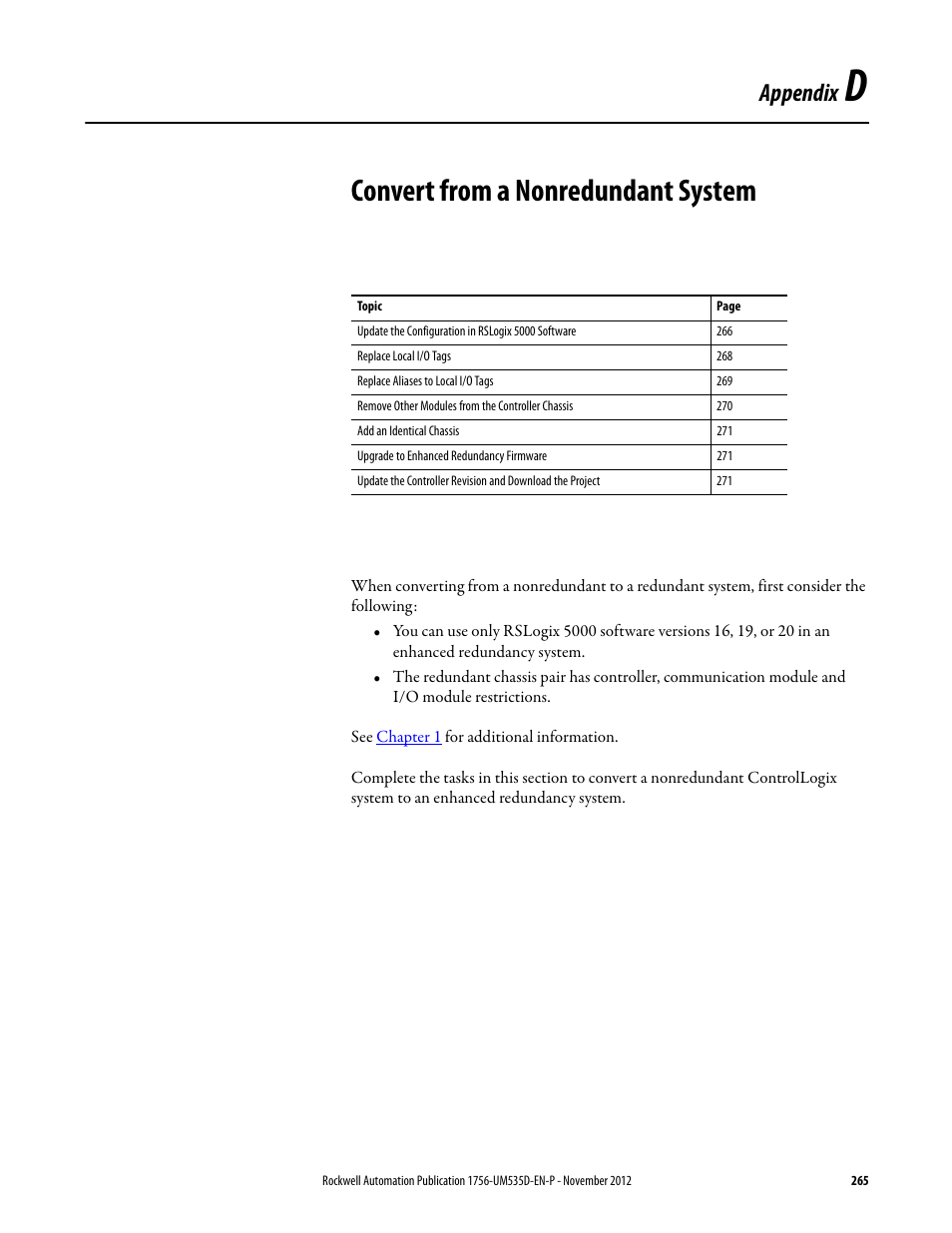 App d - convert from a nonredundant system, Convert from a nonredundant system, Appendix d | Appendix | Rockwell Automation 1756-RMxx ControlLogix Enhanced Redundancy System User Manual User Manual | Page 265 / 296